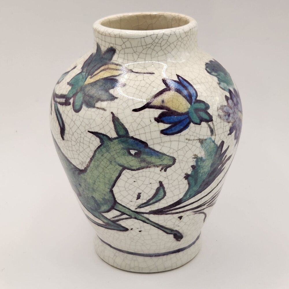 Pottery Barn Iznik Style Crackle Effect Deer Ceramic 5" Decorative Vase EUC